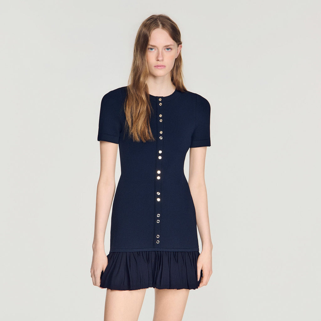 Robe courte en maille à volants - Bleu Nuit