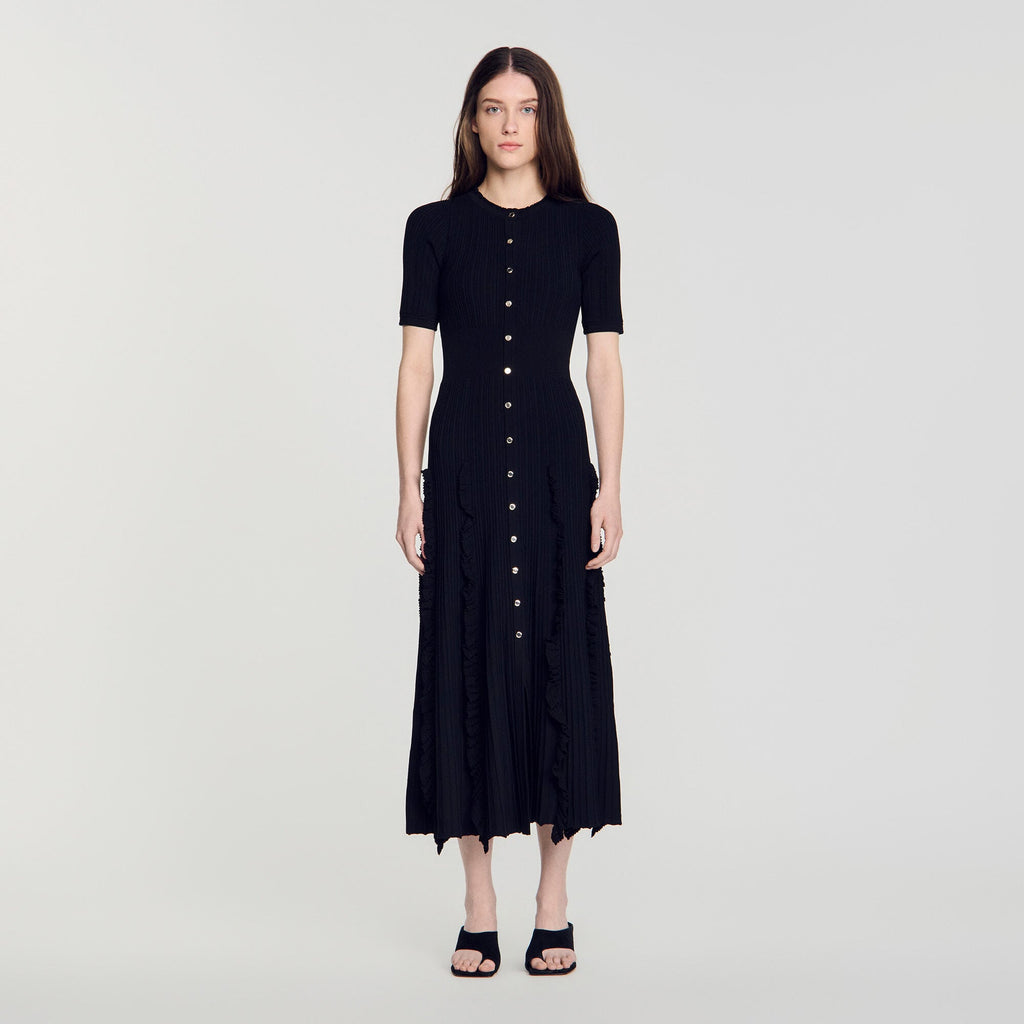 Robe longue en maille à volants - Noir