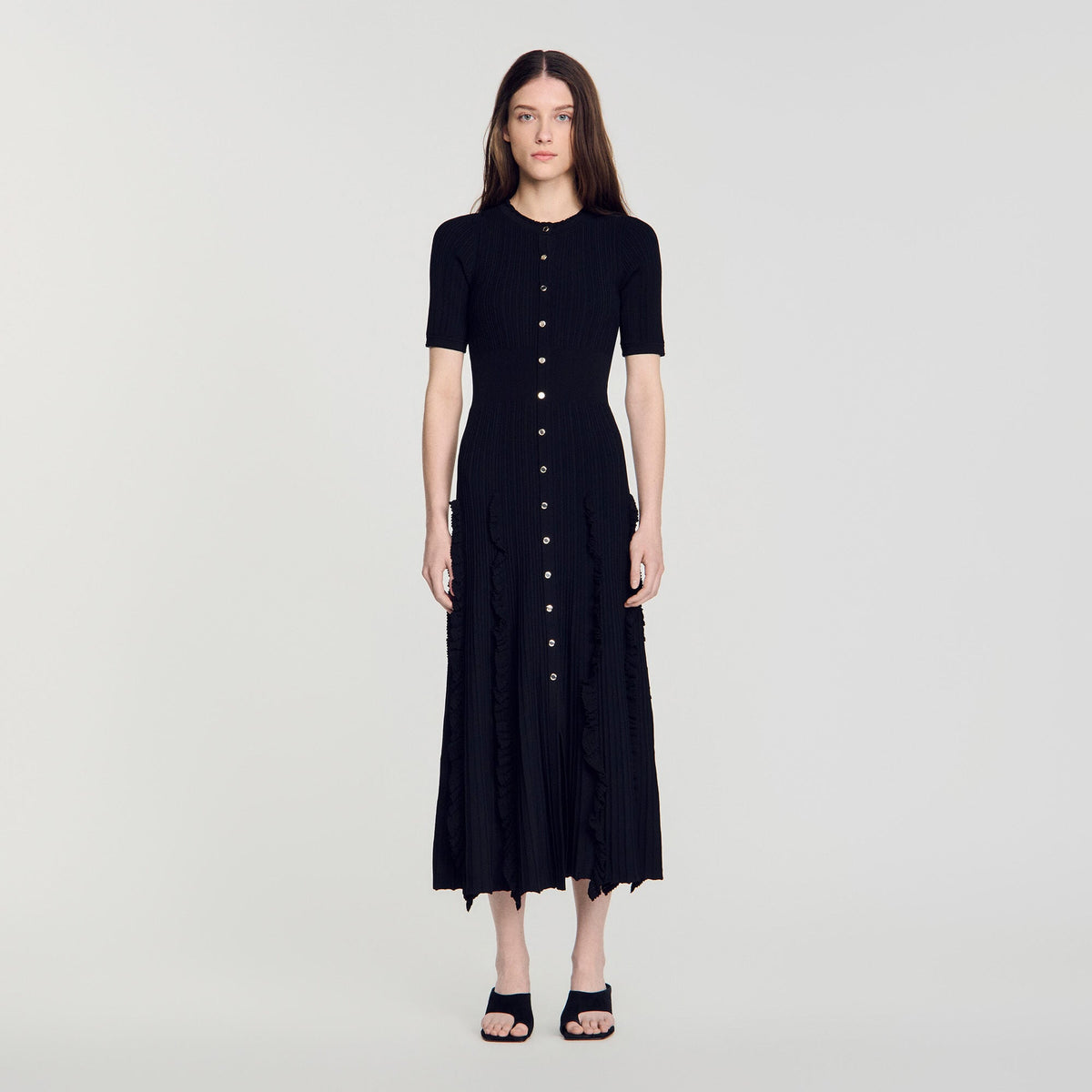 Robe longue en maille à volants - Noir