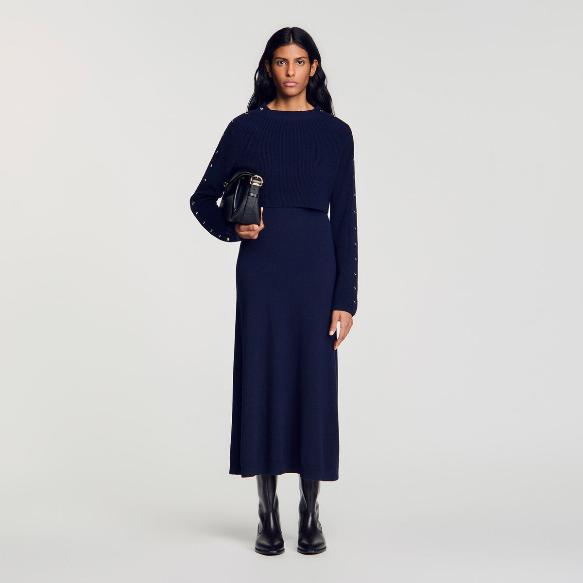 Robe longue en maille 2 en 1 - Marine