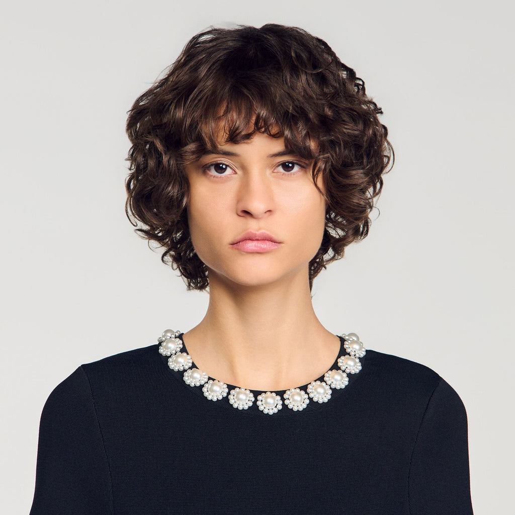 Robe courte à fleurs perlées - Noir