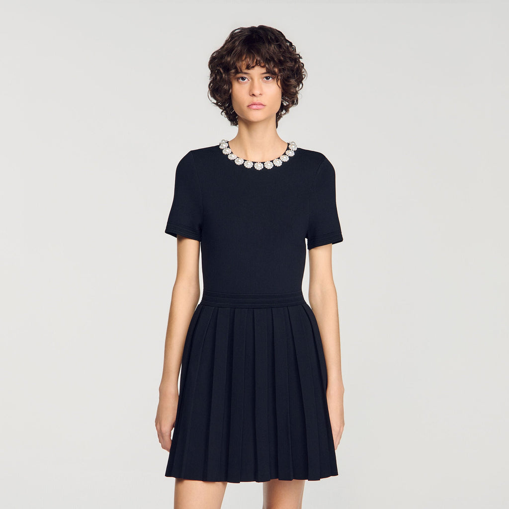 Robe courte à fleurs perlées - Noir