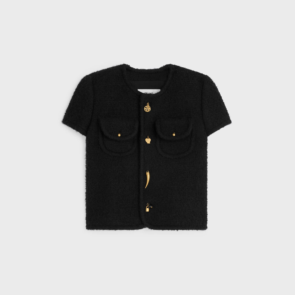 Veste manches courtes natté cachemire laine - Noir