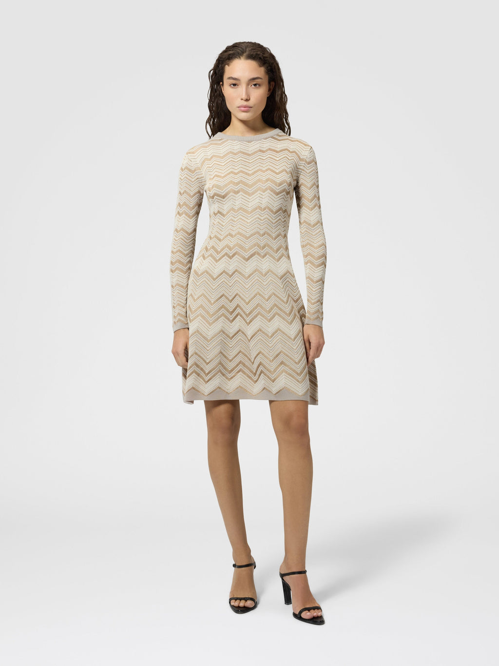 Robe à col rond en viscose et laine motif zig zag - Beige