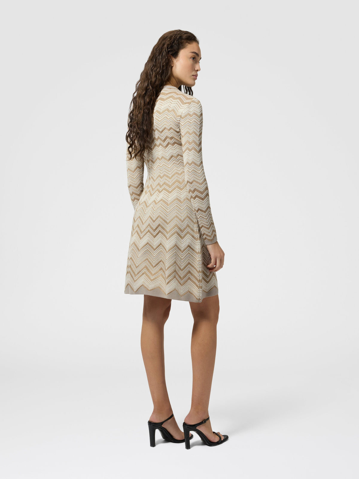 Robe à col rond en viscose et laine motif zig zag - Beige