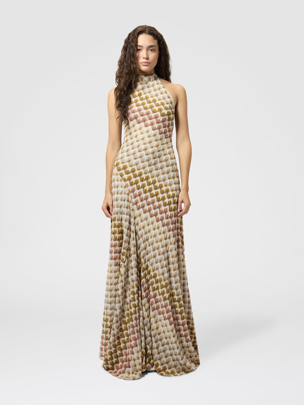 Robe longue avec encolure américaine - Or & Beige