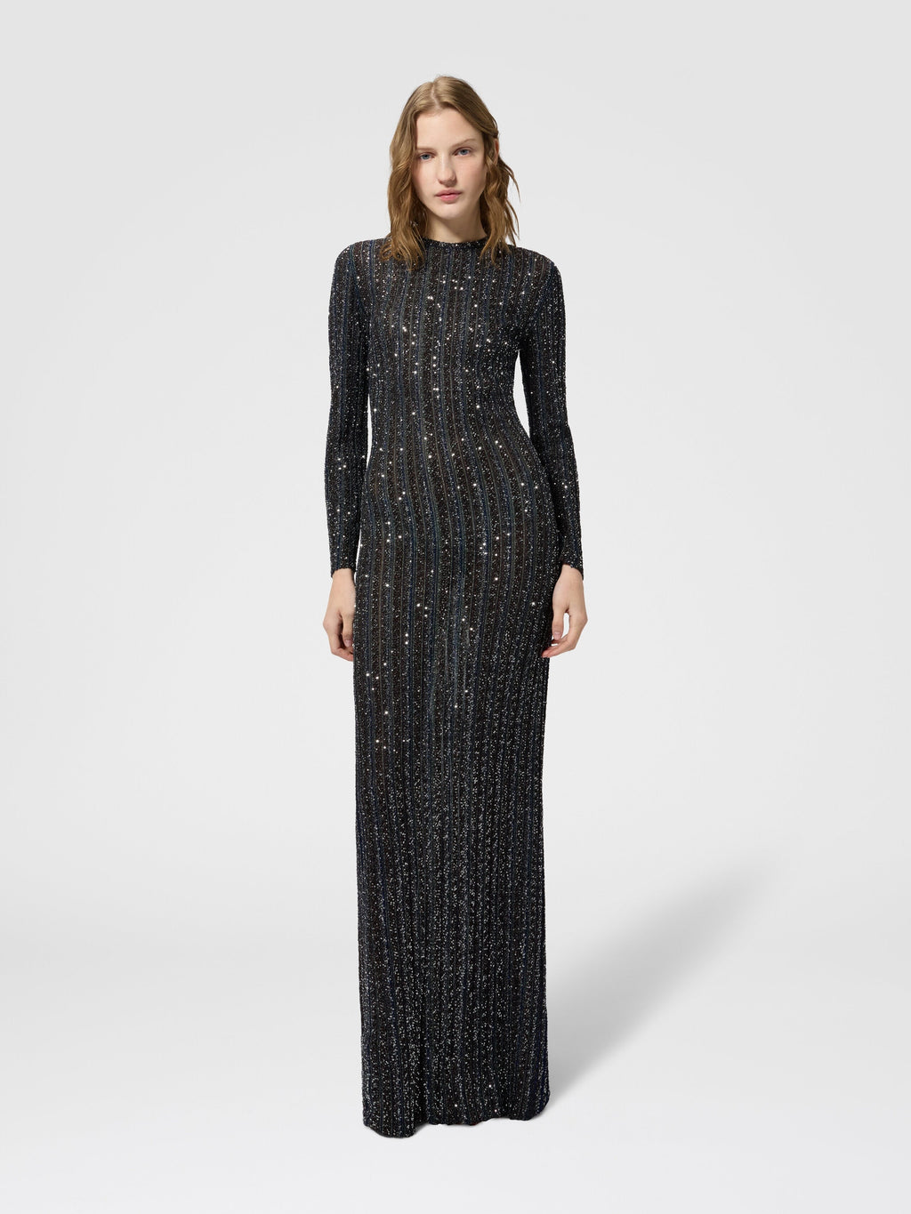 Robe longue en maille rayée col rond avec paillettes - Multicolore