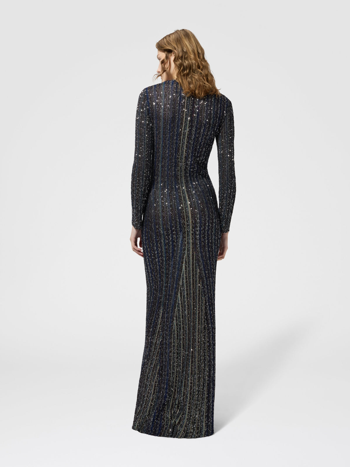 Robe longue en maille rayée col rond avec paillettes - Multicolore