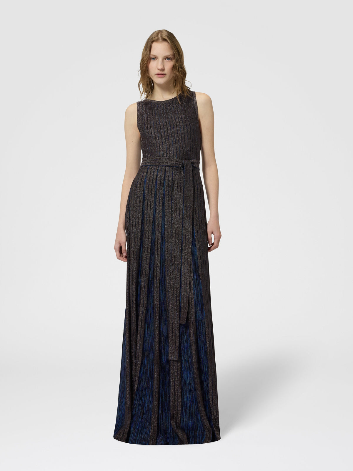 Robe longue en viscose lamé avec ceinture - Bleu