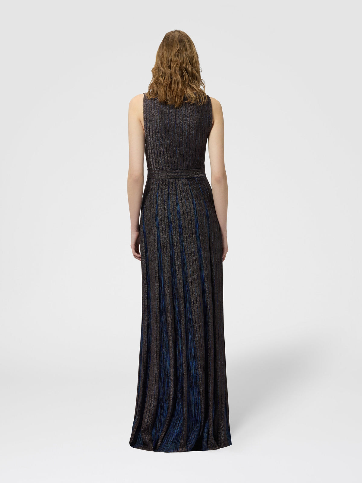Robe longue en viscose lamé avec ceinture - Bleu