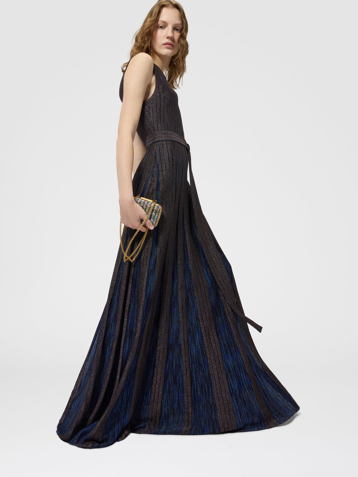 Robe longue en viscose lamé avec ceinture - Bleu