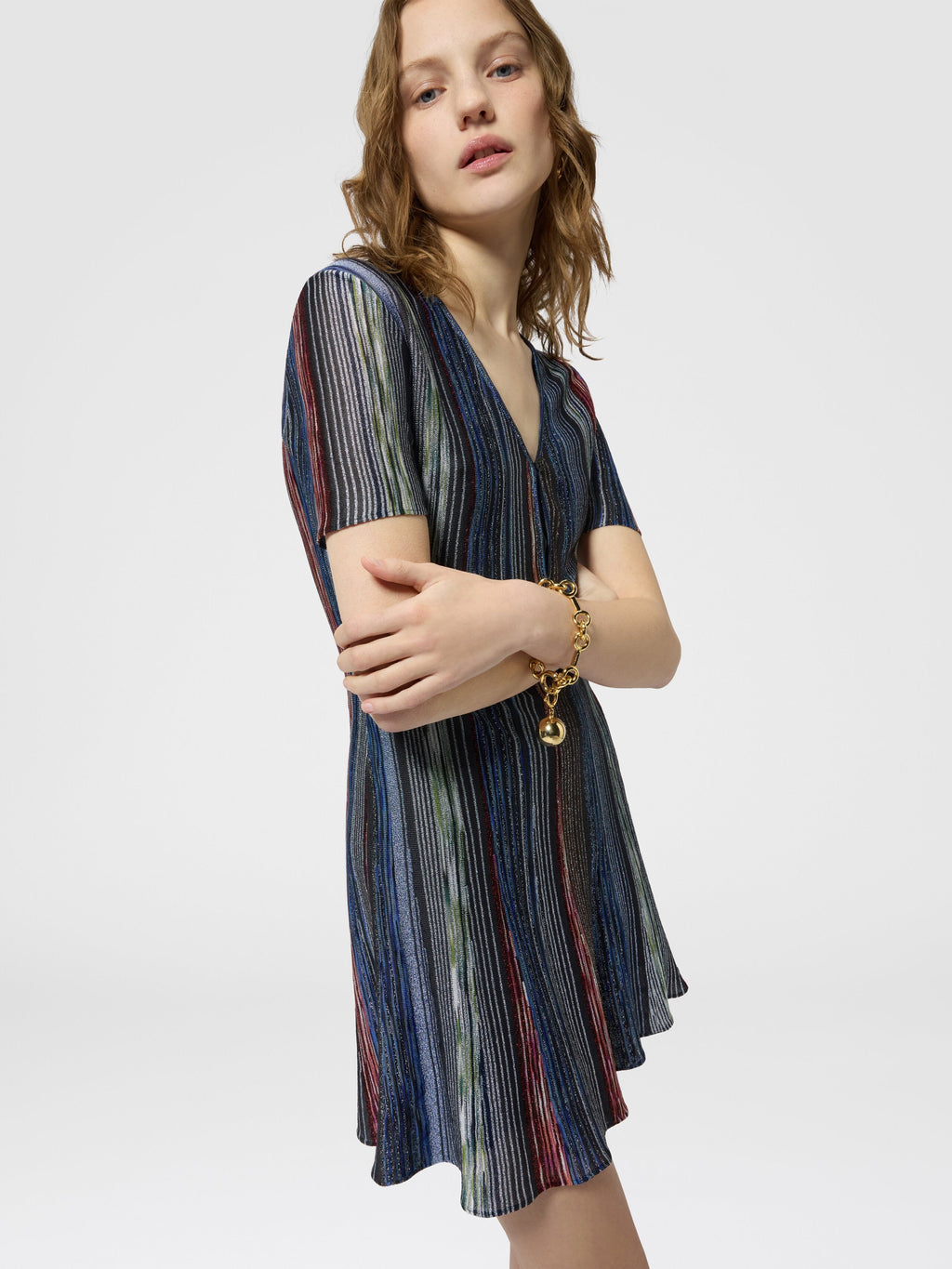 Mini-robe rayée à manches courtes - Multicolore