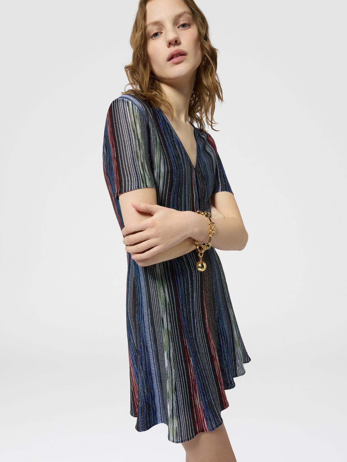 Mini-robe rayée à manches courtes - Multicolore