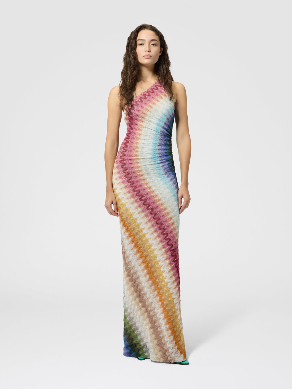 Robe longue asymétrique en viscose motif dentelle - Multicolore