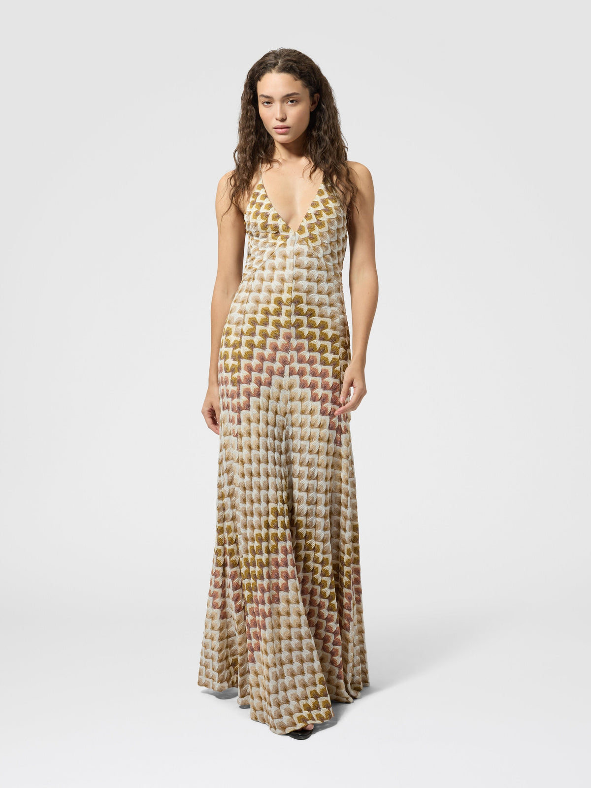 Robe longue en viscose lamé avec bretelles croisées - Or & Beige