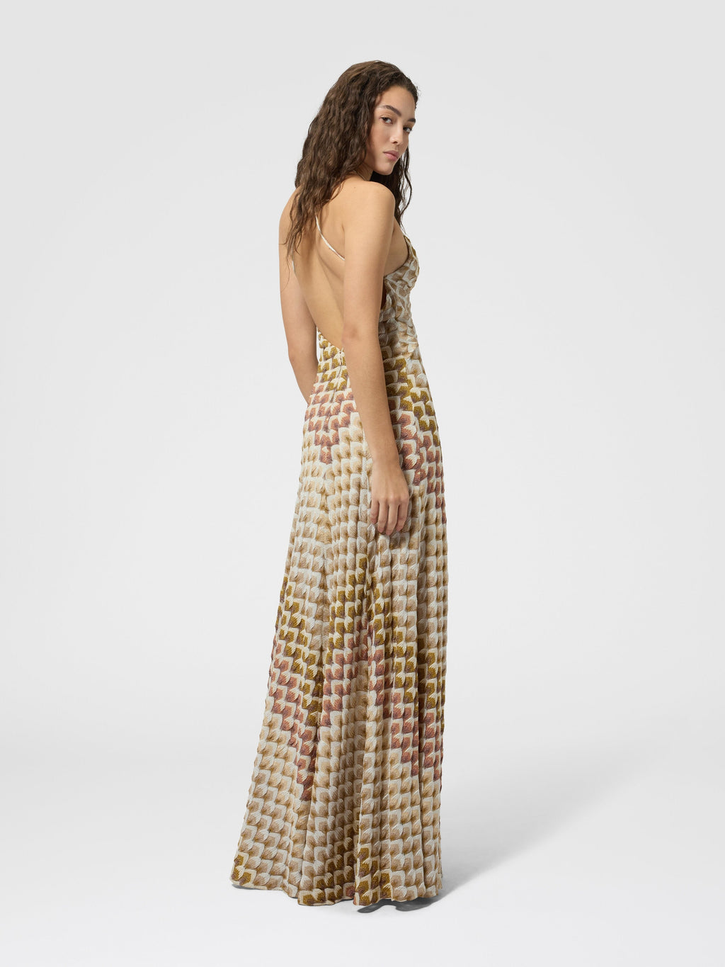 Robe longue en viscose lamé avec bretelles croisées - Or & Beige