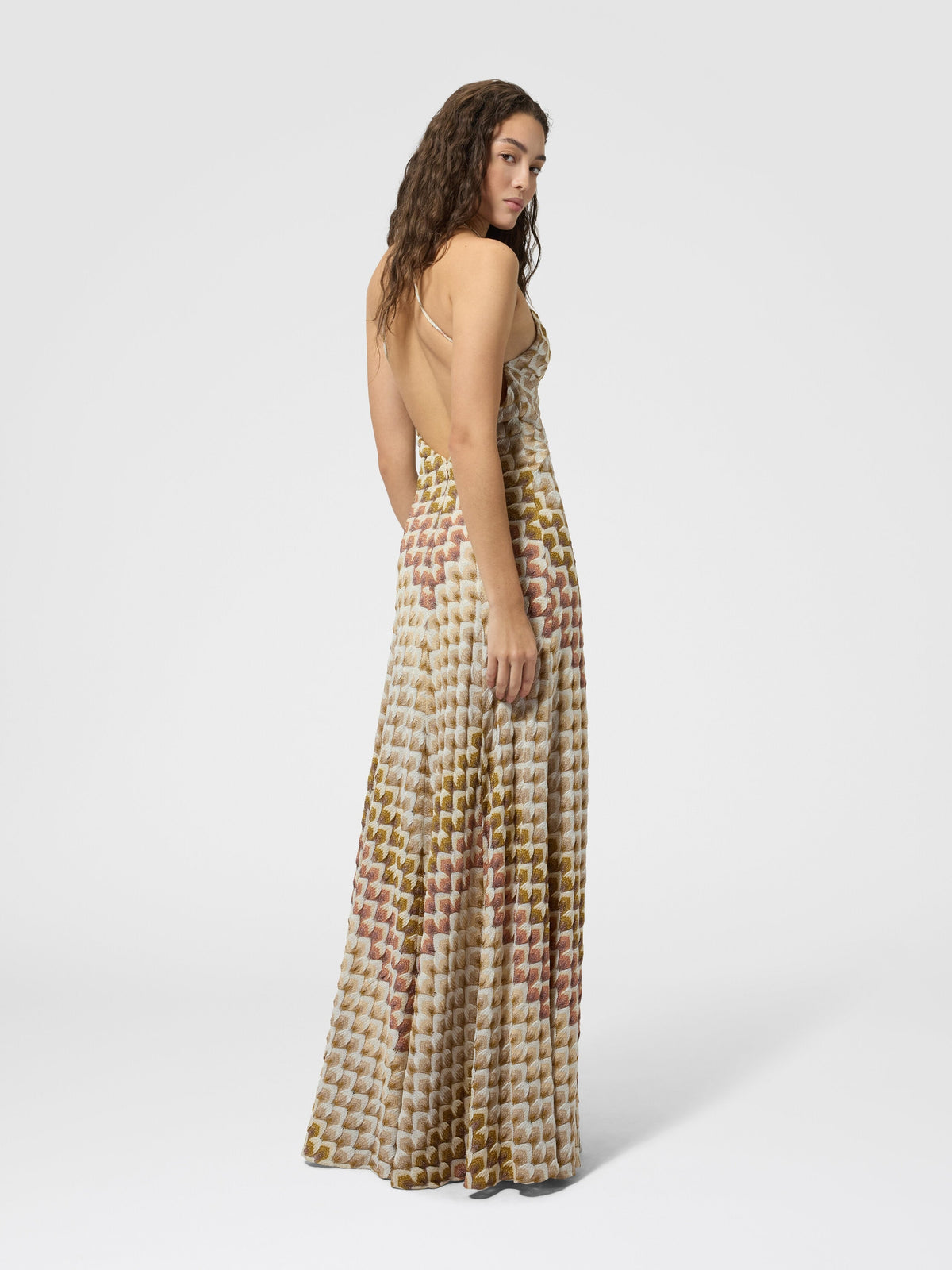 Robe longue en viscose lamé avec bretelles croisées - Or & Beige