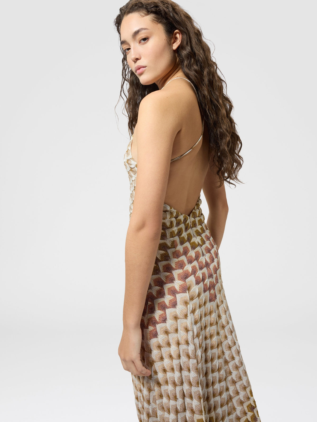 Robe longue en viscose lamé avec bretelles croisées - Or & Beige