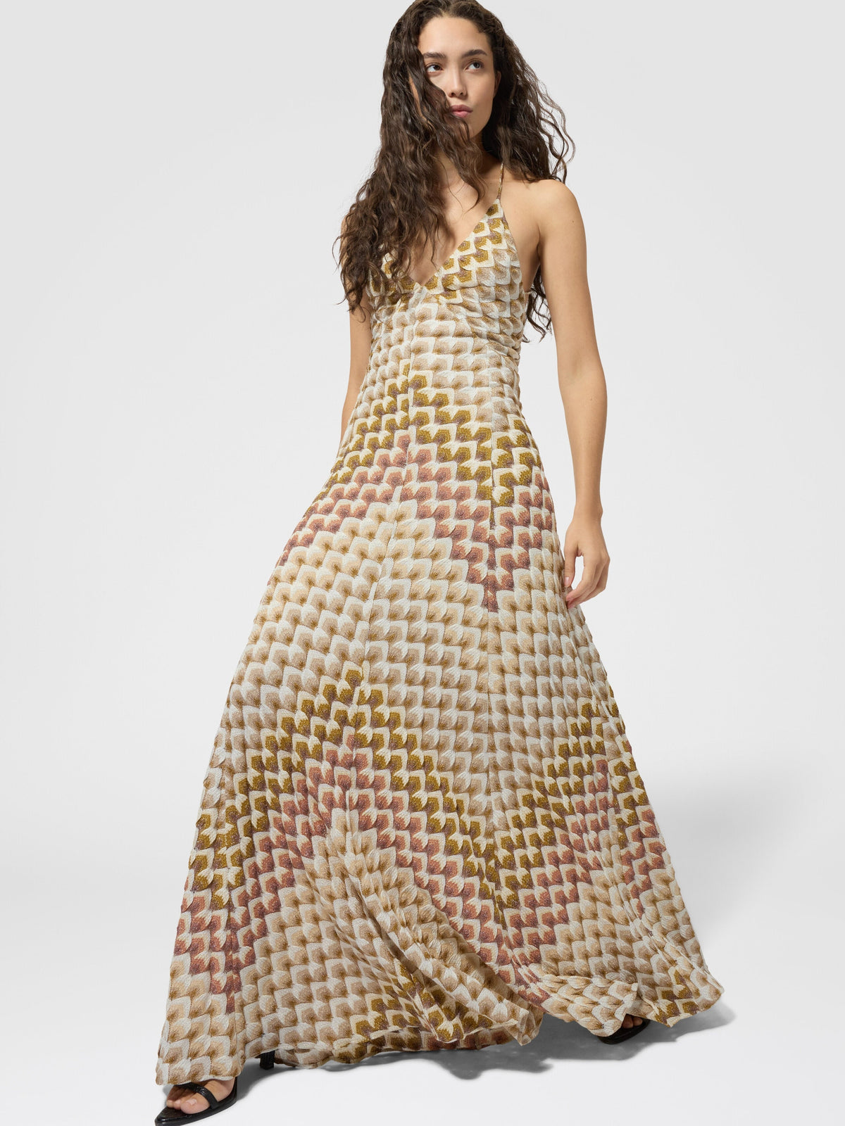 Robe longue en viscose lamé avec bretelles croisées - Or & Beige