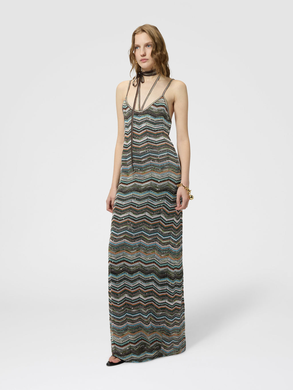 Robe longue en maille chevron avec bretelles tressées - Multicolore