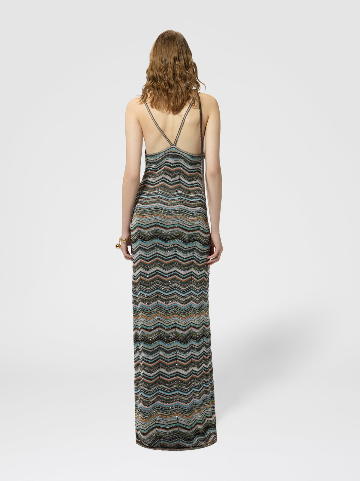 Robe longue en maille chevron avec bretelles tressées - Multicolore