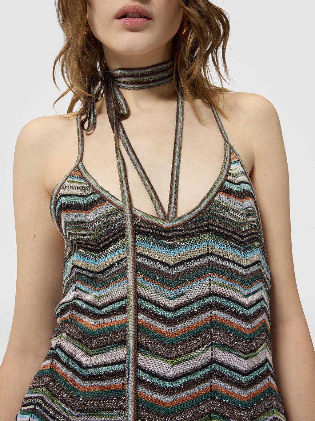Robe longue en maille chevron avec bretelles tressées - Multicolore