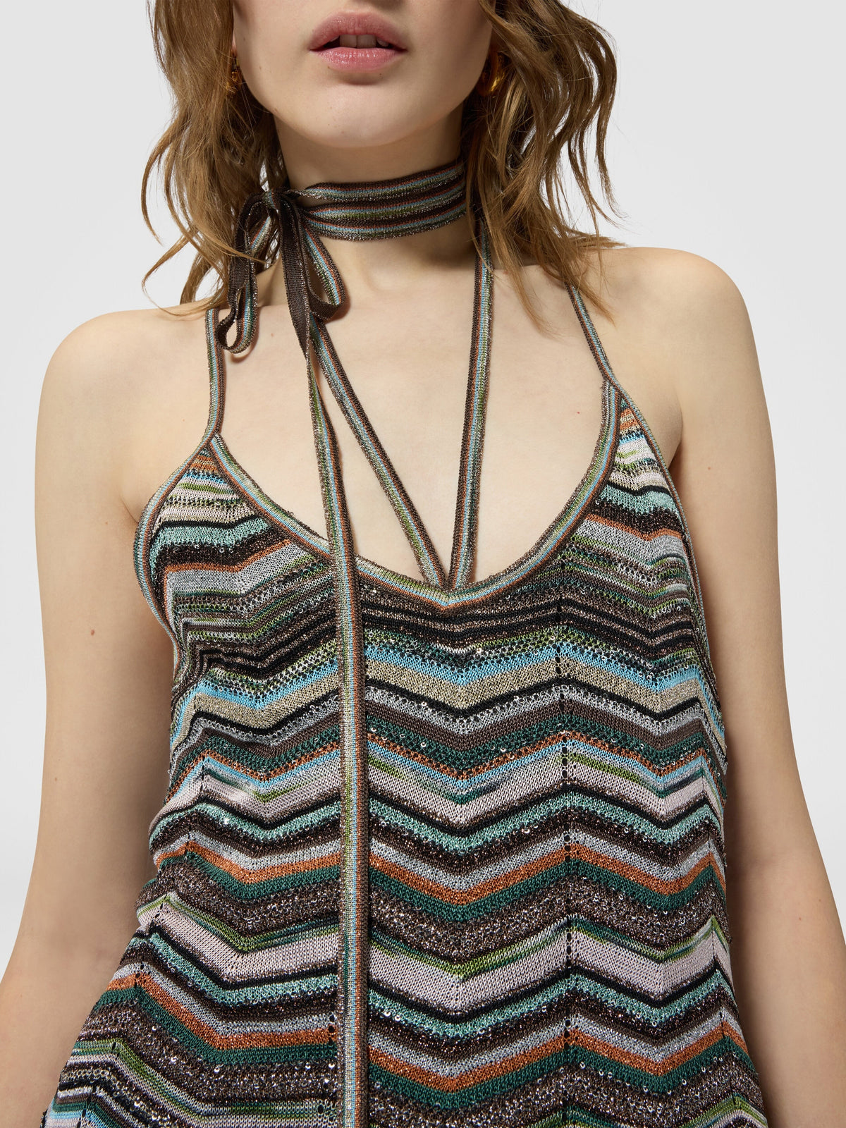 Robe longue en maille chevron avec bretelles tressées - Multicolore